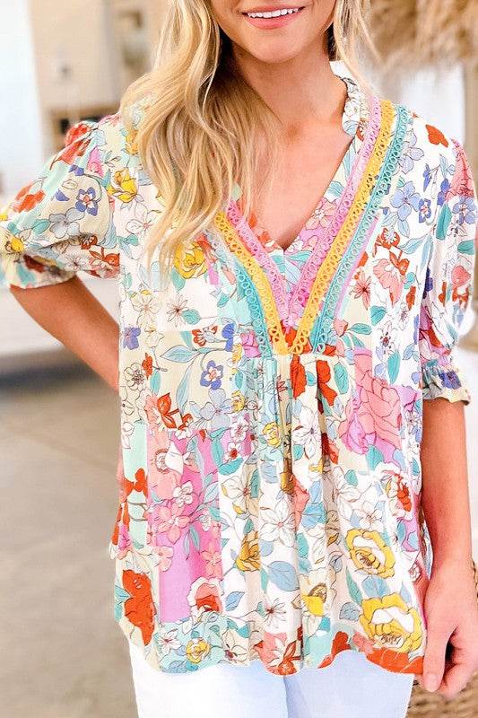 Boho Flower Print Frill Neck Puff Sleeve Blouse - Shop Style & More | Fresh Looks, Everyday Deals & Free Shipping