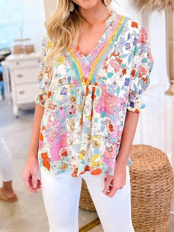 Boho Flower Print Frill Neck Puff Sleeve Blouse - Shop Style & More | Fresh Looks, Everyday Deals & Free Shipping