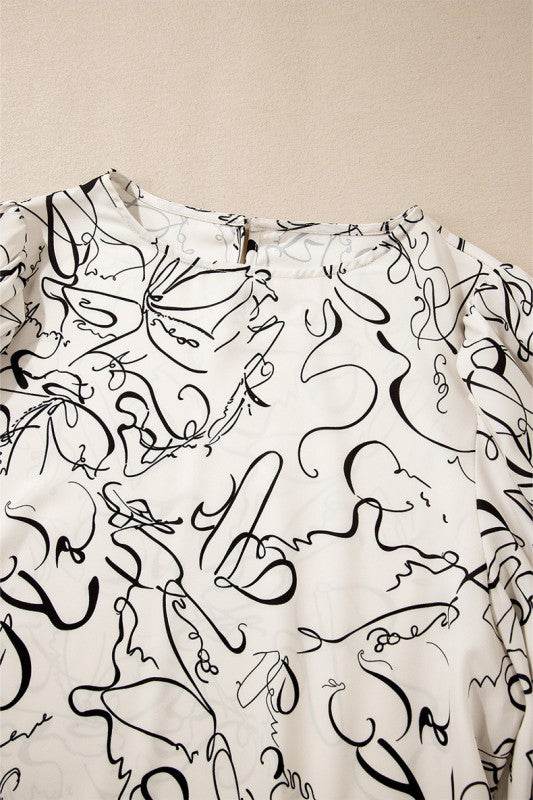 Abstract Print Balloon Sleeve Crew Neck Blouse - Shop Style & More | Fresh Looks, Everyday Deals & Free Shipping