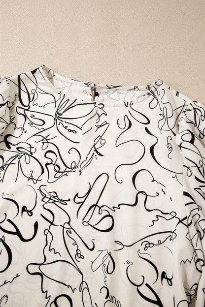 Abstract Print Balloon Sleeve Crew Neck Blouse - Shop Style & More | Fresh Looks, Everyday Deals & Free Shipping