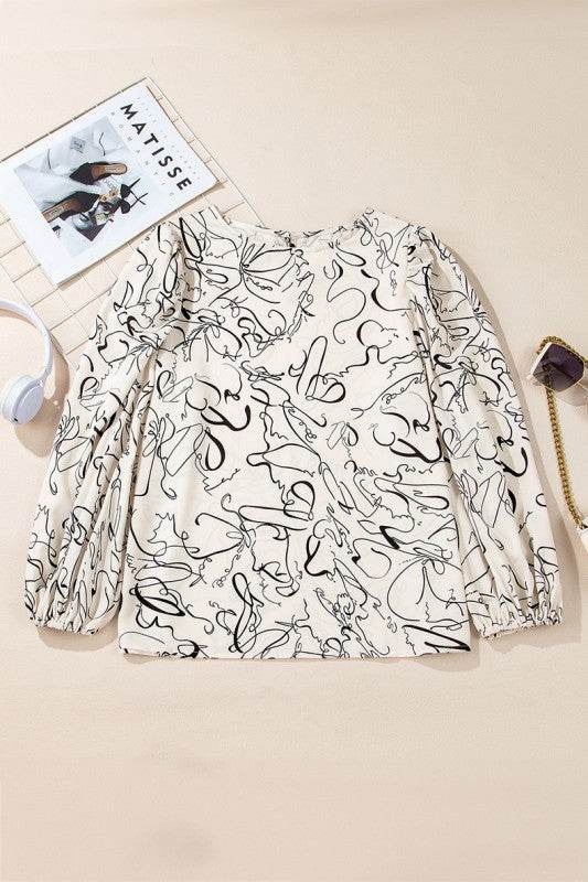 Abstract Print Balloon Sleeve Crew Neck Blouse - Shop Style & More | Fresh Looks, Everyday Deals & Free Shipping