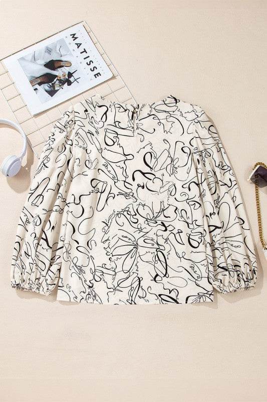 Abstract Print Balloon Sleeve Crew Neck Blouse - Shop Style & More | Fresh Looks, Everyday Deals & Free Shipping