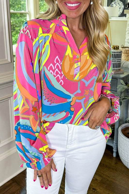Abstract Print Ruffled Sleeve Buttoned Blouse - Shop Style & More | Fresh Looks, Everyday Deals & Free Shipping