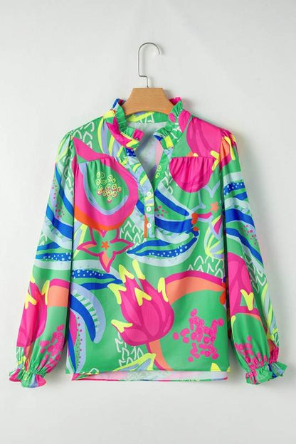Abstract Print Ruffled Sleeve Buttoned Blouse - Shop Style & More | Fresh Looks, Everyday Deals & Free Shipping