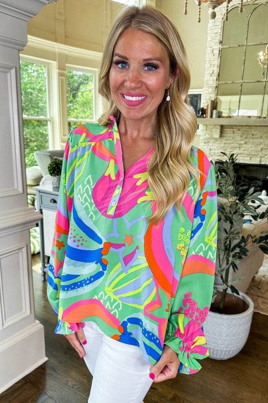 Abstract Print Ruffled Sleeve Buttoned Blouse - Shop Style & More | Fresh Looks, Everyday Deals & Free Shipping