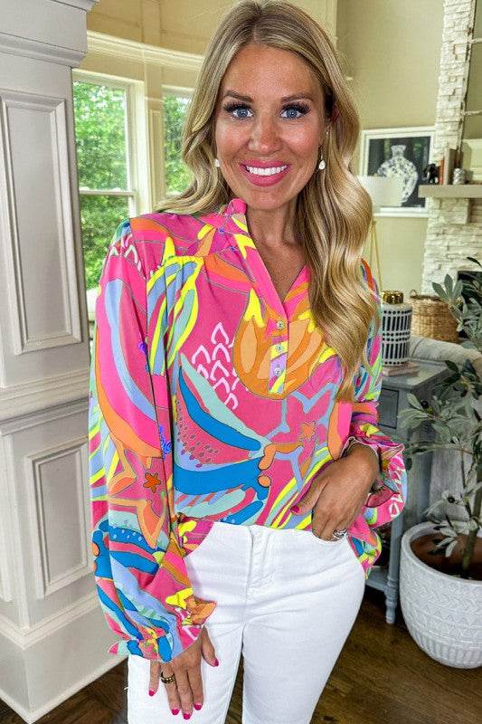 Abstract Print Ruffled Sleeve Buttoned Blouse - Shop Style & More | Fresh Looks, Everyday Deals & Free Shipping