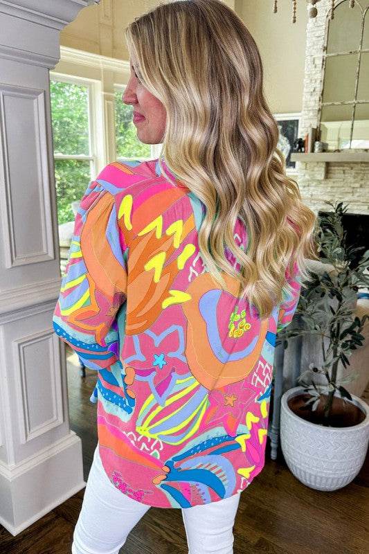 Abstract Print Ruffled Sleeve Buttoned Blouse - Shop Style & More | Fresh Looks, Everyday Deals & Free Shipping