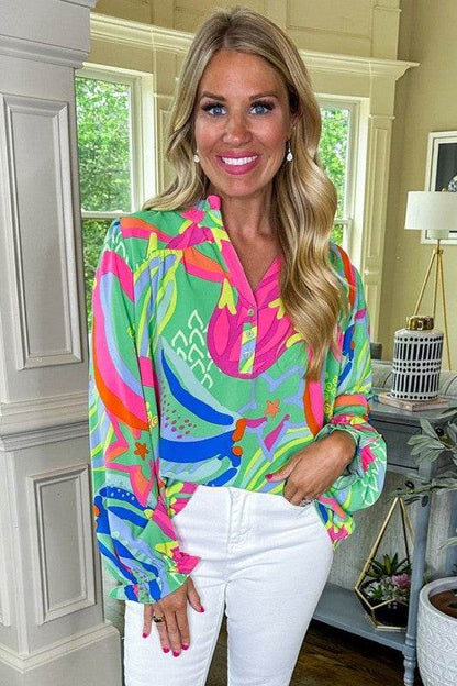 Abstract Print Ruffled Sleeve Buttoned Blouse - Shop Style & More | Fresh Looks, Everyday Deals & Free Shipping