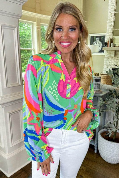 Abstract Print Ruffled Sleeve Buttoned Blouse - Shop Style & More | Fresh Looks, Everyday Deals & Free Shipping