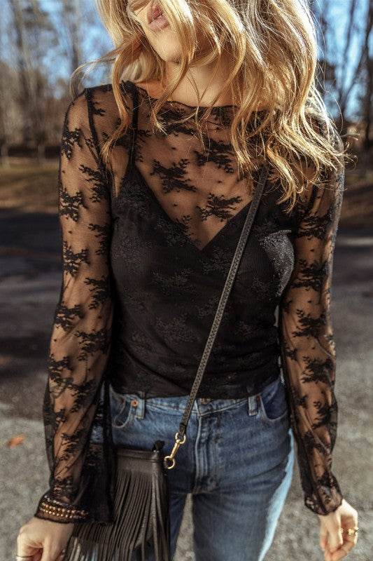 Lace Mesh Crochet Splicing Slim Long Sleeve Blouse - Shop Style & More | Fresh Looks, Everyday Deals & Free Shipping