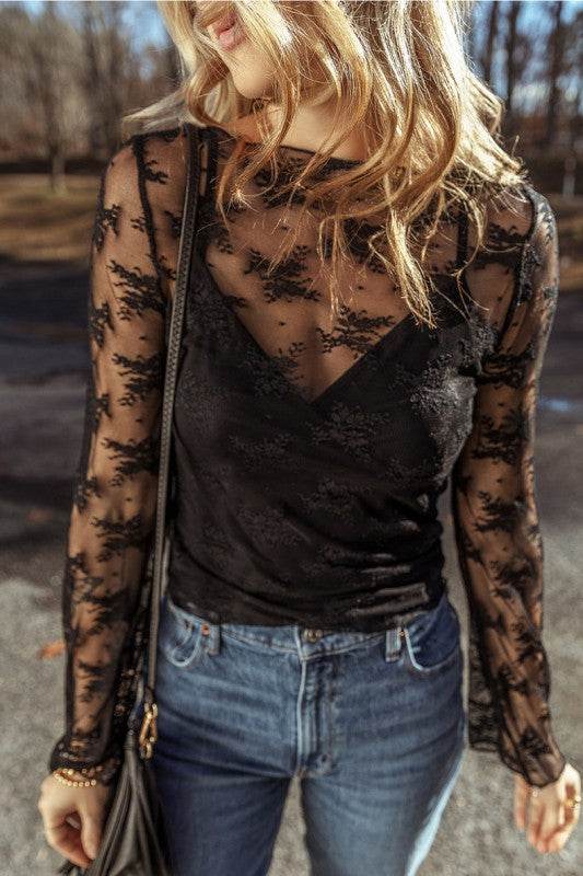 Lace Mesh Crochet Splicing Slim Long Sleeve Blouse - Shop Style & More | Fresh Looks, Everyday Deals & Free Shipping
