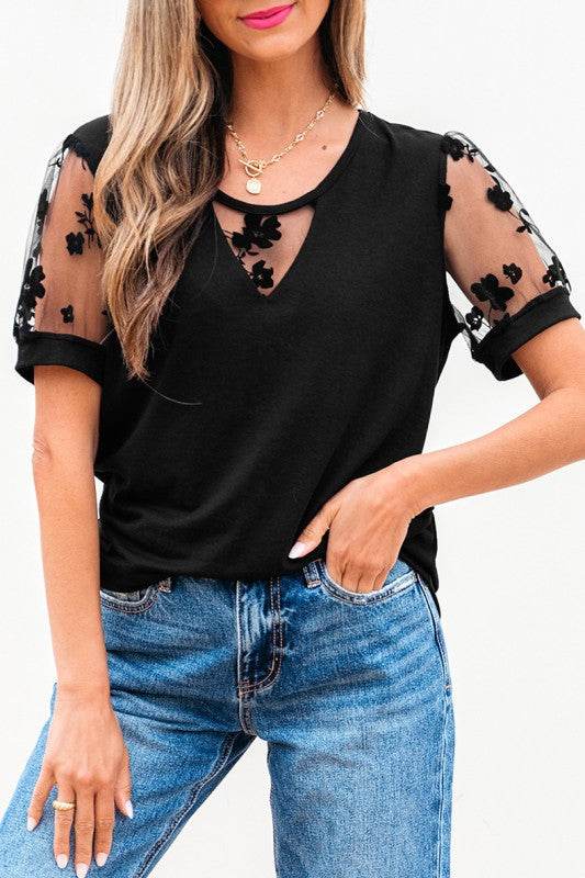 Black Flora Lace Patchwork Crew Neck T Shirt - Shop Style & More | Fresh Looks, Everyday Deals & Free Shipping