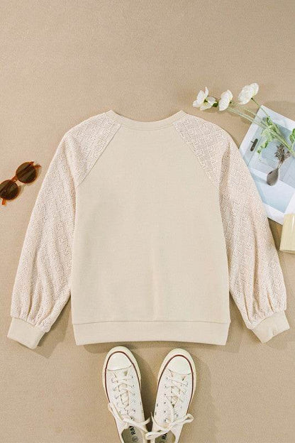 Eyelet Knit Patchwork Raglan Sleeve Pullover Top - Shop Style & More | Fresh Looks, Everyday Deals & Free Shipping