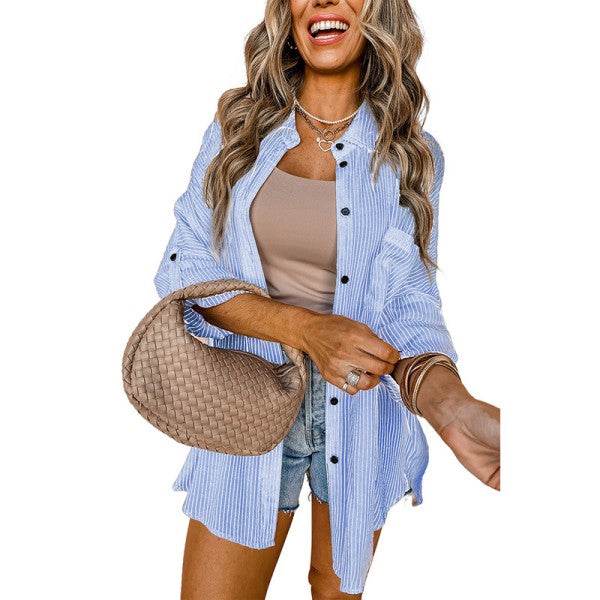 Stripe Roll-tab Sleeve Pocketed Long Shirt - Shop Style & More | Fresh Looks, Everyday Deals & Free Shipping