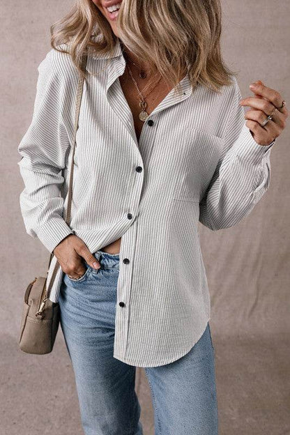 Stripe Roll-tab Sleeve Pocketed Long Shirt - Shop Style & More | Fresh Looks, Everyday Deals & Free Shipping