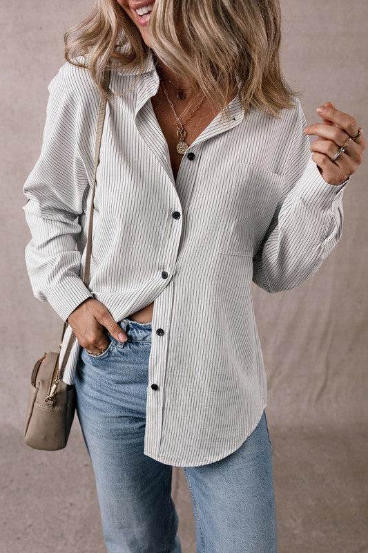Stripe Roll-tab Sleeve Pocketed Long Shirt - Shop Style & More | Fresh Looks, Everyday Deals & Free Shipping