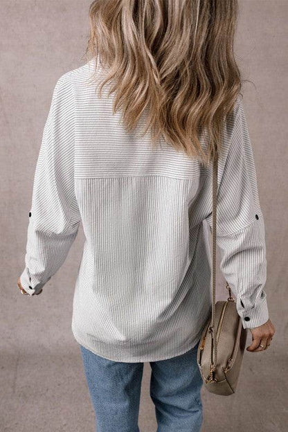 Stripe Roll-tab Sleeve Pocketed Long Shirt - Shop Style & More | Fresh Looks, Everyday Deals & Free Shipping