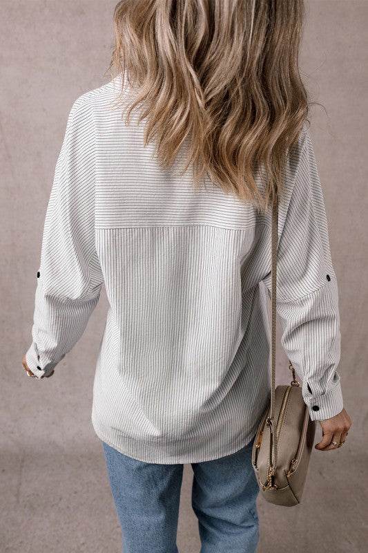 Stripe Roll-tab Sleeve Pocketed Long Shirt - Shop Style & More | Fresh Looks, Everyday Deals & Free Shipping