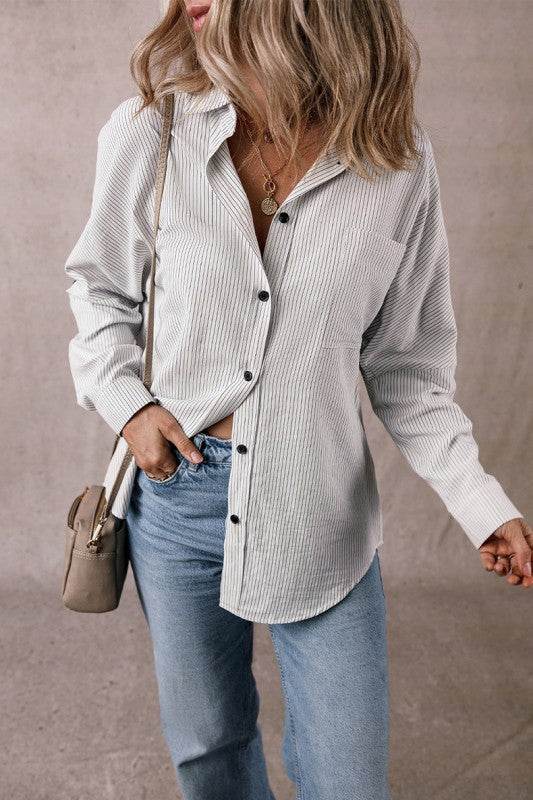 Stripe Roll-tab Sleeve Pocketed Long Shirt - Shop Style & More | Fresh Looks, Everyday Deals & Free Shipping