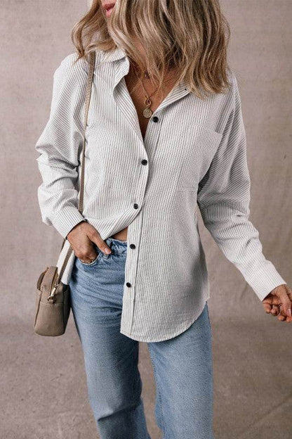 Stripe Roll-tab Sleeve Pocketed Long Shirt - Shop Style & More | Fresh Looks, Everyday Deals & Free Shipping