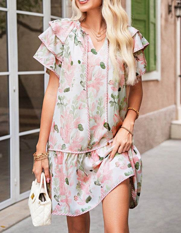 Pink Floral Contrast Edge Ruffle Tiered Dress - Shop Style & More | Fresh Looks, Everyday Deals & Free Shipping