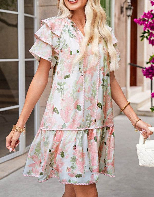 Pink Floral Contrast Edge Ruffle Tiered Dress - Shop Style & More | Fresh Looks, Everyday Deals & Free Shipping
