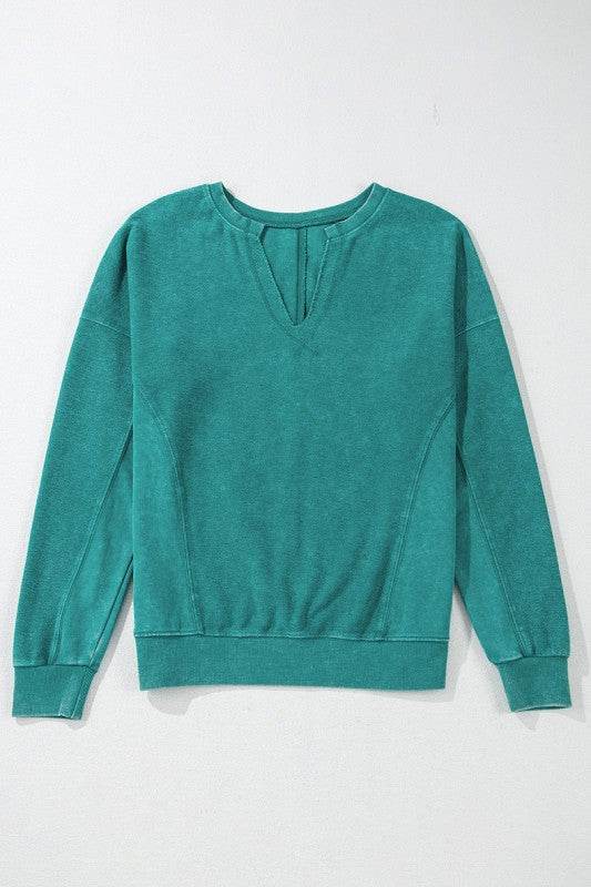 Solid Color Notched Neck Drop Shoulder Sweatshirt - Shop Style & More | Fresh Looks, Everyday Deals & Free Shipping