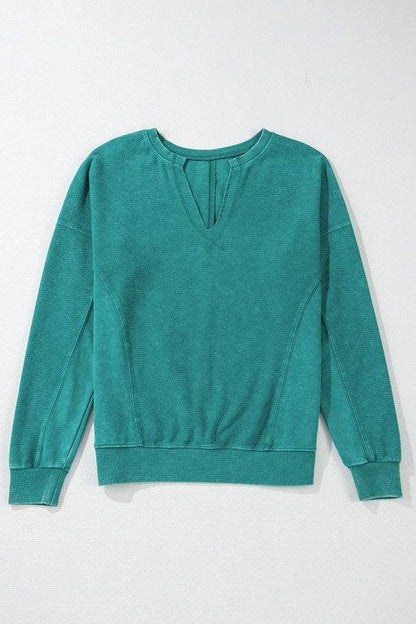Solid Color Notched Neck Drop Shoulder Sweatshirt - Shop Style & More | Fresh Looks, Everyday Deals & Free Shipping