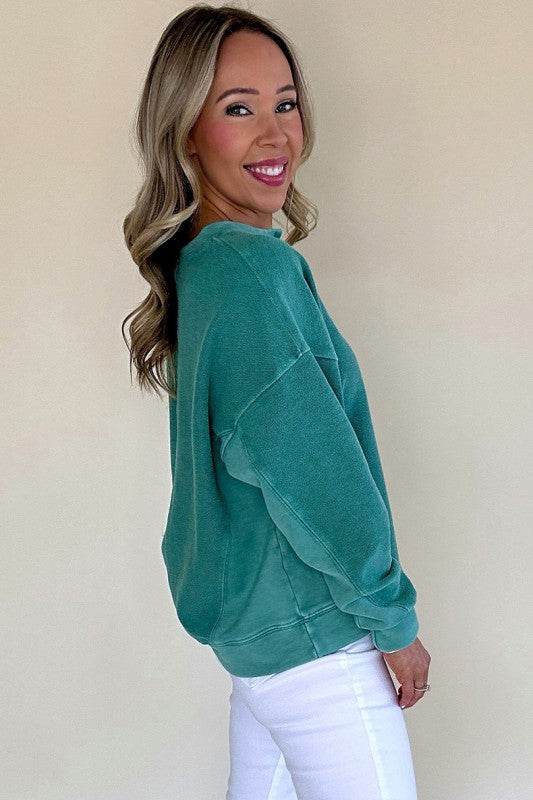 Solid Color Notched Neck Drop Shoulder Sweatshirt - Shop Style & More | Fresh Looks, Everyday Deals & Free Shipping