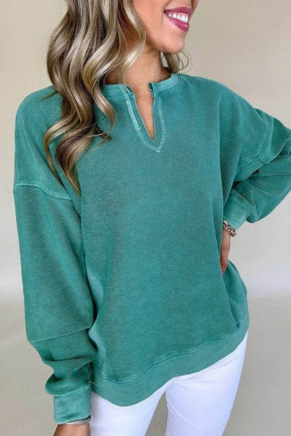 Solid Color Notched Neck Drop Shoulder Sweatshirt - Shop Style & More | Fresh Looks, Everyday Deals & Free Shipping
