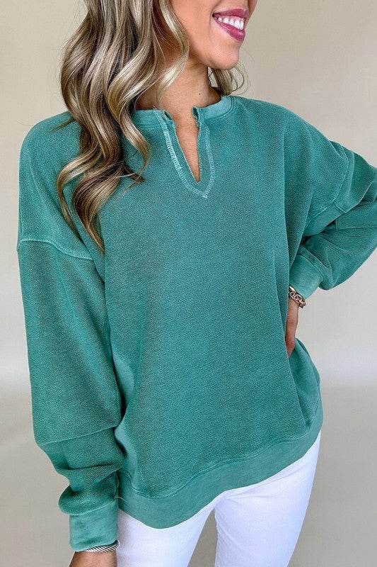 Solid Color Notched Neck Drop Shoulder Sweatshirt - Shop Style & More | Fresh Looks, Everyday Deals & Free Shipping