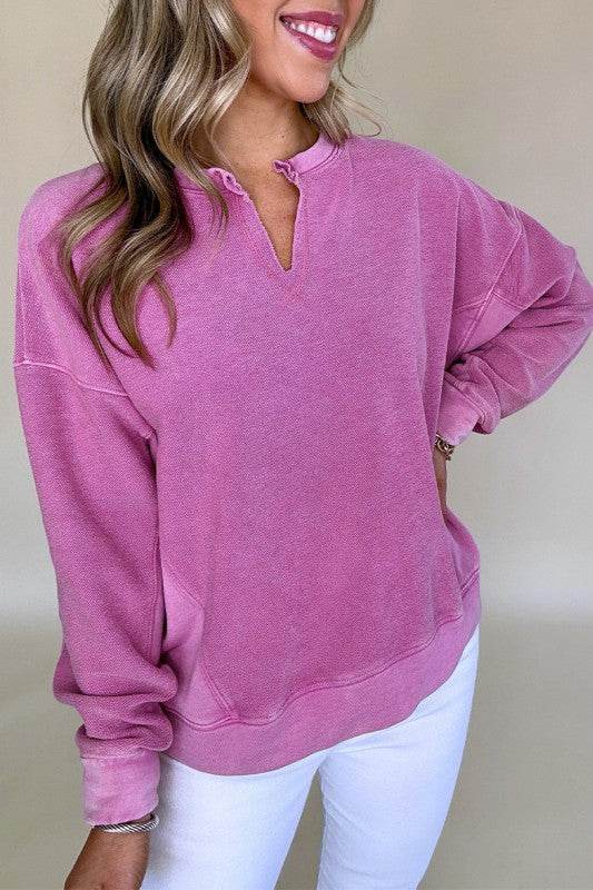 Solid Color Notched Neck Drop Shoulder Sweatshirt - Shop Style & More | Fresh Looks, Everyday Deals & Free Shipping
