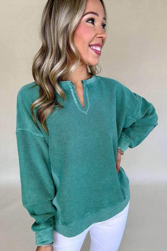 Solid Color Notched Neck Drop Shoulder Sweatshirt - Shop Style & More | Fresh Looks, Everyday Deals & Free Shipping
