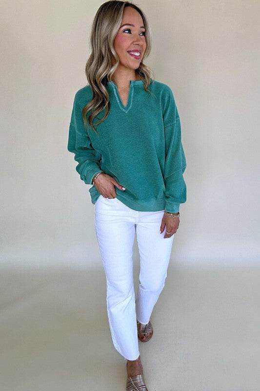 Solid Color Notched Neck Drop Shoulder Sweatshirt - Shop Style & More | Fresh Looks, Everyday Deals & Free Shipping