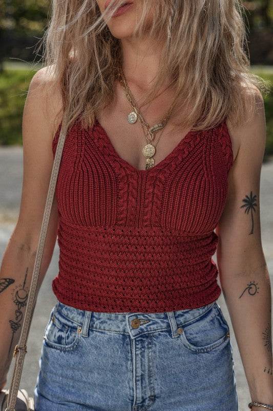Burgundy Cable Knit Pointelle V Neck Sweater Vest - Shop Style & More | Fresh Looks, Everyday Deals & Free Shipping