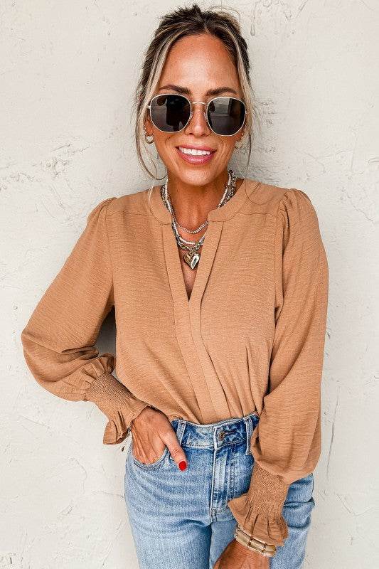 Solid Color Shirred Cuff Notch V Neck Blouse - Shop Style & More | Fresh Looks, Everyday Deals & Free Shipping