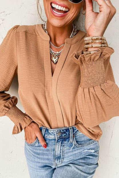 Solid Color Shirred Cuff Notch V Neck Blouse - Shop Style & More | Fresh Looks, Everyday Deals & Free Shipping
