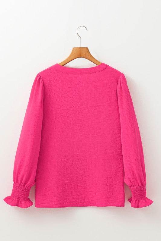 Solid Color Shirred Cuff Notch V Neck Blouse - Shop Style & More | Fresh Looks, Everyday Deals & Free Shipping