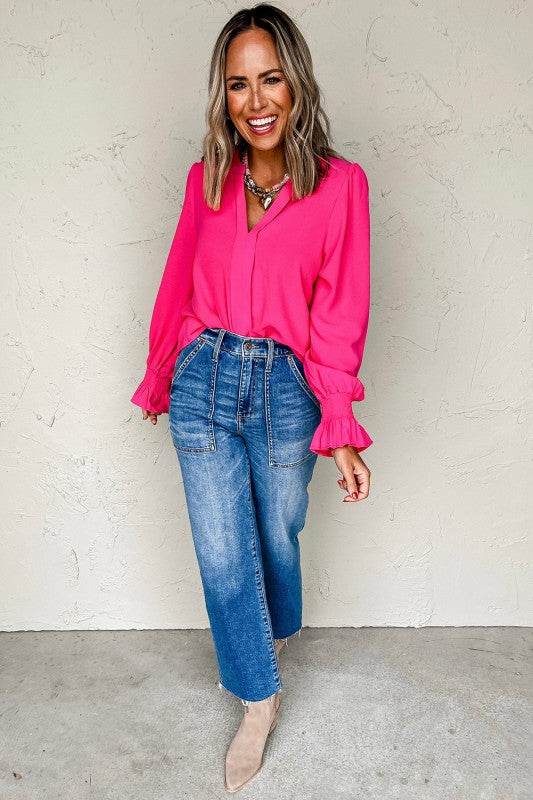 Solid Color Shirred Cuff Notch V Neck Blouse - Shop Style & More | Fresh Looks, Everyday Deals & Free Shipping