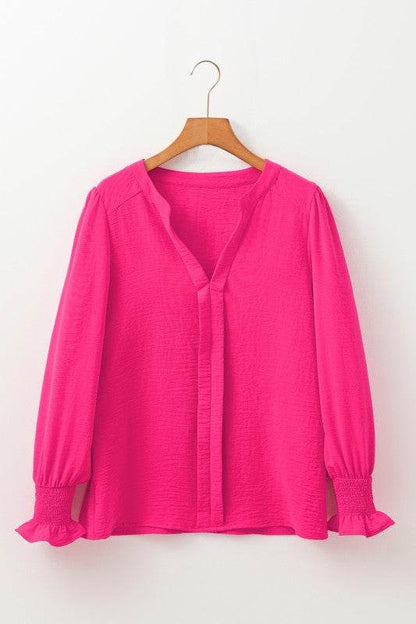 Solid Color Shirred Cuff Notch V Neck Blouse - Shop Style & More | Fresh Looks, Everyday Deals & Free Shipping