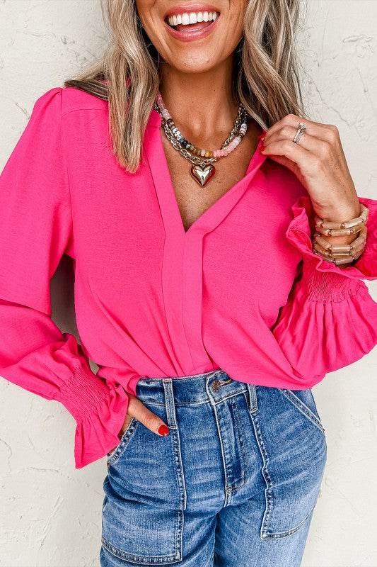 Solid Color Shirred Cuff Notch V Neck Blouse - Shop Style & More | Fresh Looks, Everyday Deals & Free Shipping