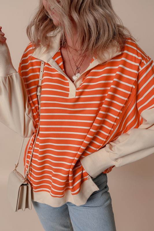 Stripe Color Block Collared Drop Sweatshirt - Shop Style & More | Fresh Looks, Everyday Deals & Free Shipping