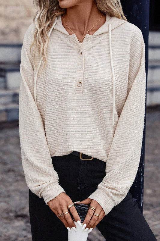 Apricot Solid Textured Drawstring Henley Hoodie - Shop Style & More | Fresh Looks, Everyday Deals & Free Shipping