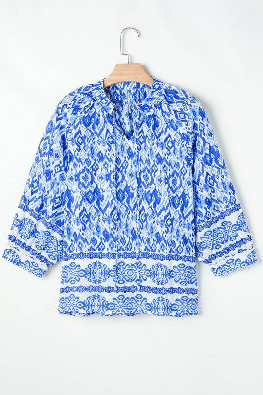Blue Boho Printed 3/4 Sleeve Tied Neck Blouse - Shop Style & More | Fresh Looks, Everyday Deals & Free Shipping