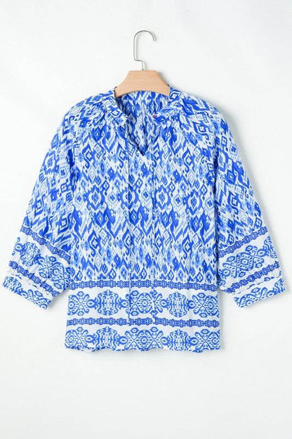 Blue Boho Printed 3/4 Sleeve Tied Neck Blouse - Shop Style & More | Fresh Looks, Everyday Deals & Free Shipping