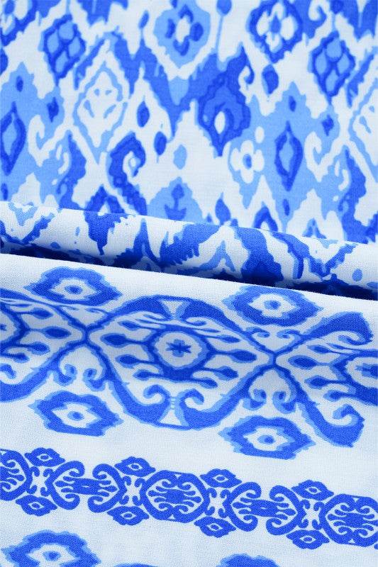 Blue Boho Printed 3/4 Sleeve Tied Neck Blouse - Shop Style & More | Fresh Looks, Everyday Deals & Free Shipping