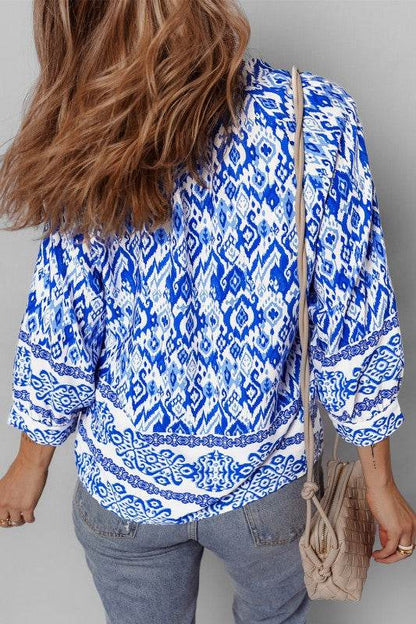 Blue Boho Printed 3/4 Sleeve Tied Neck Blouse - Shop Style & More | Fresh Looks, Everyday Deals & Free Shipping