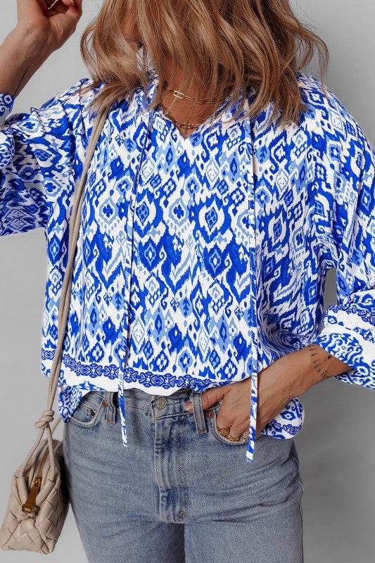 Blue Boho Printed 3/4 Sleeve Tied Neck Blouse - Shop Style & More | Fresh Looks, Everyday Deals & Free Shipping