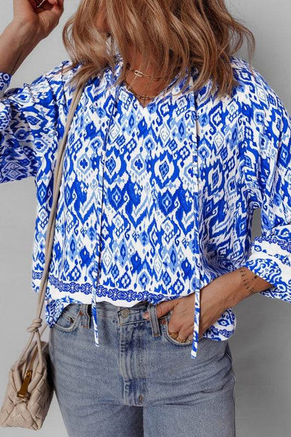 Blue Boho Printed 3/4 Sleeve Tied Neck Blouse - Shop Style & More | Fresh Looks, Everyday Deals & Free Shipping
