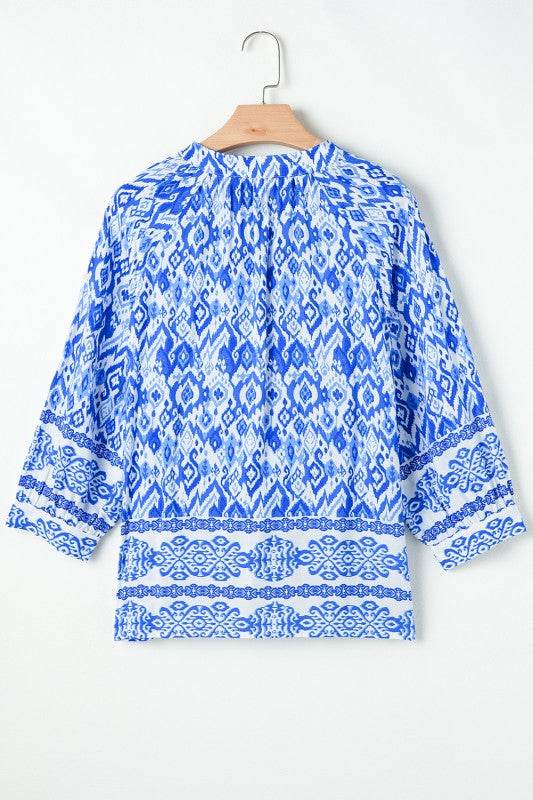 Blue Boho Printed 3/4 Sleeve Tied Neck Blouse - Shop Style & More | Fresh Looks, Everyday Deals & Free Shipping